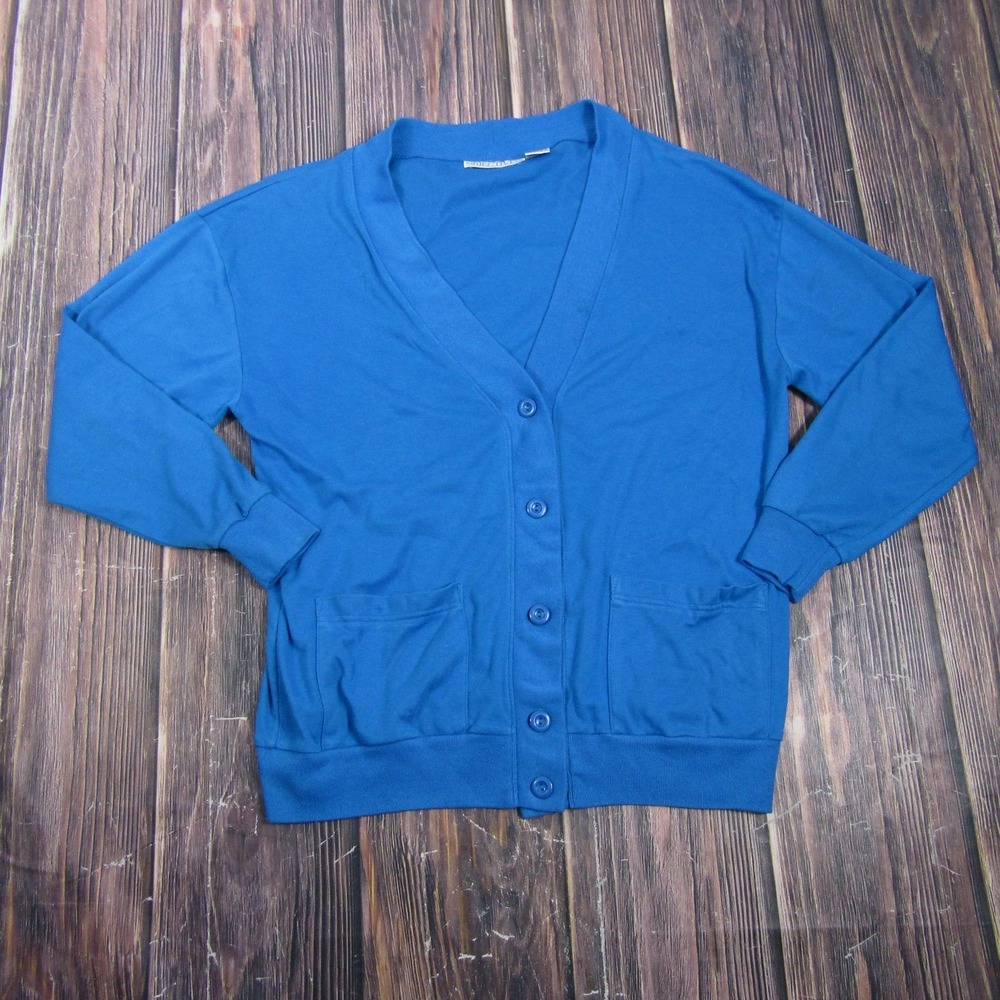OBJECTIVES Womens M Blue Button Up Shirt V-Neck Long Sleeve Pockets Knit Granny